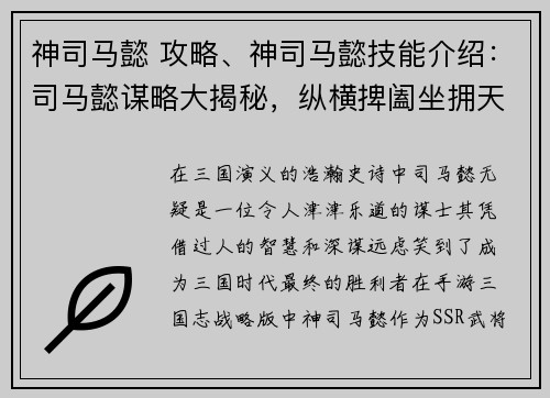 神司马懿 攻略、神司马懿技能介绍：司马懿谋略大揭秘，纵横捭阖坐拥天下