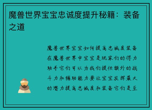 魔兽世界宝宝忠诚度提升秘籍：装备之道
